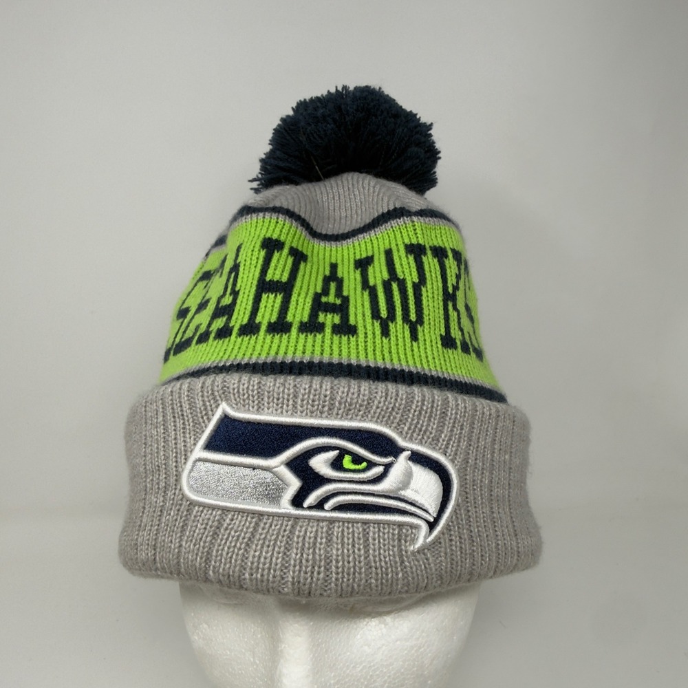 New Era Seattle Seahawks NFL Pom Beanie Hat Gray Lime Green Cuffed Knit Cap OSFM